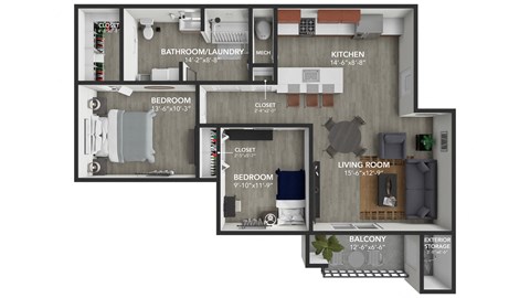 Floor plan for 2 beds, 1 bath, 966 sqft